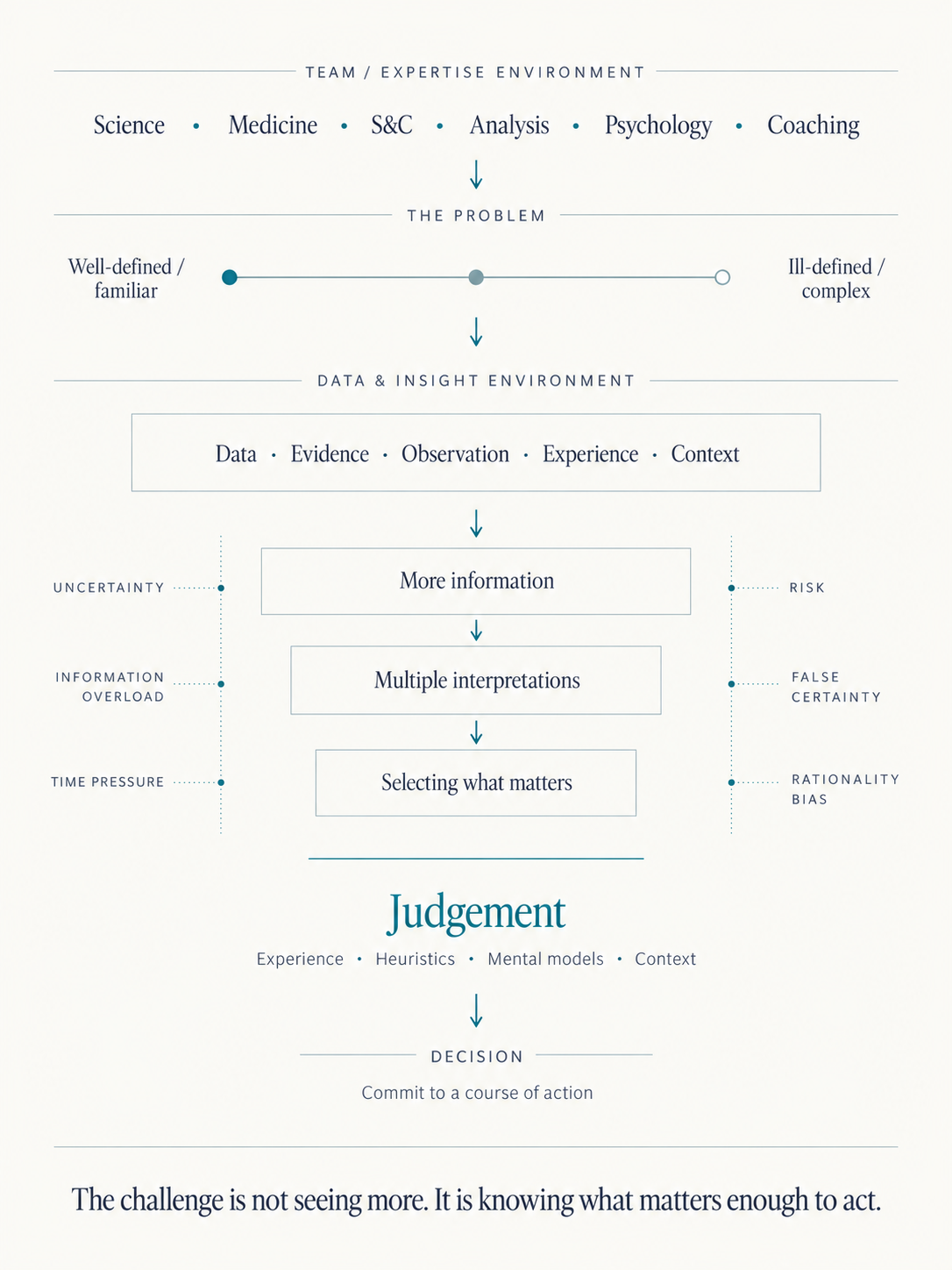 Decision-making framework showing how multidisciplinary expertise, problem complexity and a data and insight environment are filtered through judgement before a decision is made, while operating under uncertainty, information overload, time pressure, risk, false certainty and rationality bias.